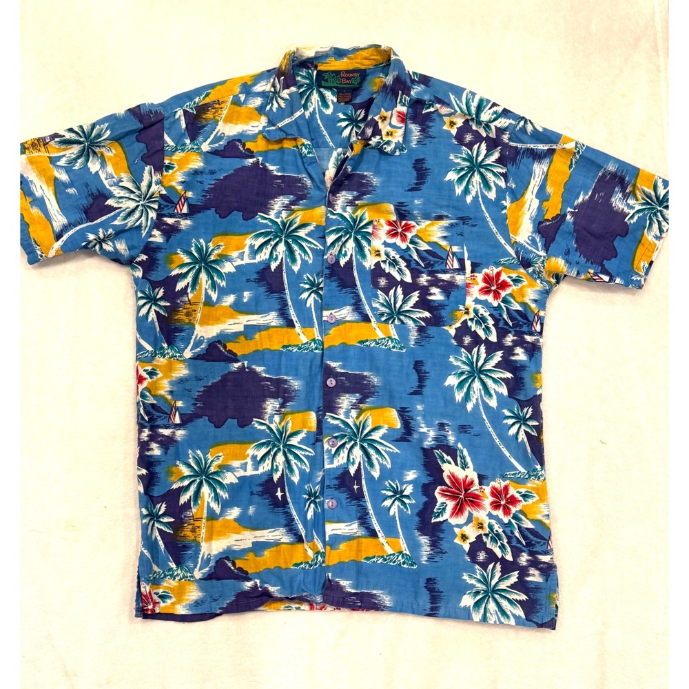 READ damaged Roundy Bay Mens Large Blue Tropical Cotton Hawaiian Shirt or fabric